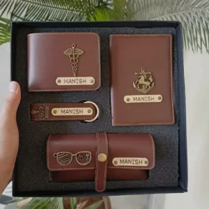 Personalized men's leather gift combo featuring a customized wallet, passport cover, keychain, and card holder with engraved name plates in a premium gift box.