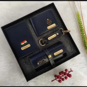Personalized men's leather gift combo set with customized wallet, passport cover, keychain and card holder in premium gift box.