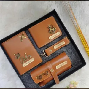 Personalized men's leather gift combo featuring a customized wallet, passport cover, keychain, and card holder with engraved name plates in a premium gift box.