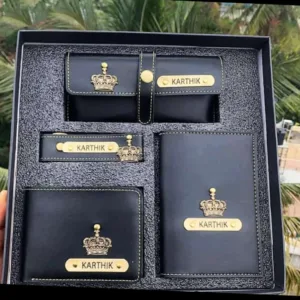 Personalized men's leather gift combo featuring a customized wallet, passport cover, keychain, and card holder with engraved name plates in a premium gift box.