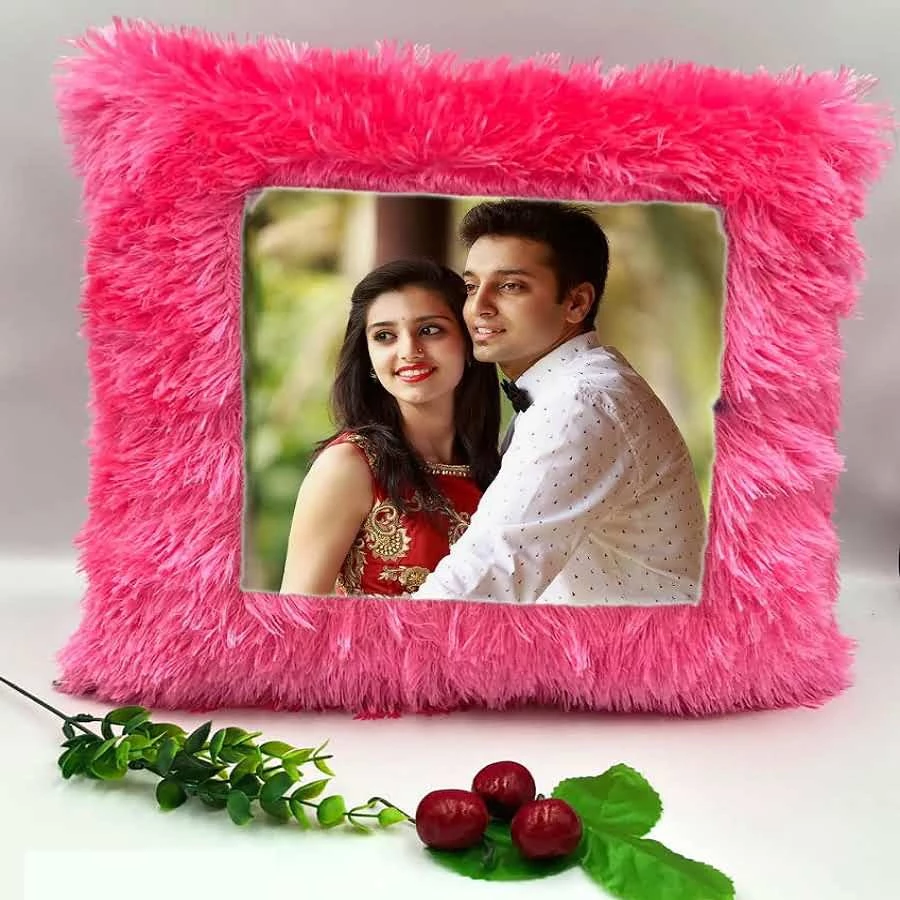 Personalized Fur Cushion with Photo Print Personalized Yellow Fur Cushion with Custom Photo Print