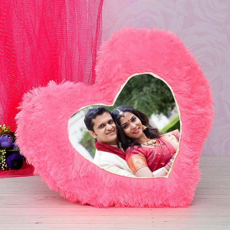 Personalized Fur Cushion with Photo Print – Heart Shape Personalized Yellow Fur Cushion with Custom Photo Print