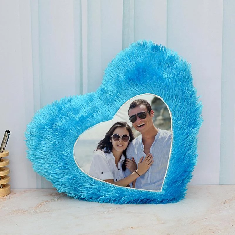 Personalized Fur Cushion with Photo Print – Heart Shape Personalized Yellow Fur Cushion with Custom Photo Print