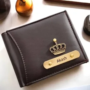 Personalized name wallet with metal charm and custom name plate in brown and tan leather finish