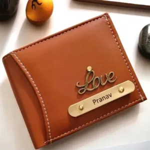 Personalized name wallet with metal charm and custom name plate in brown and tan leather finish