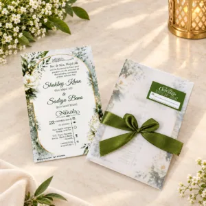 Customized floral Nikah invitation card with matching envelope and green ribbon
