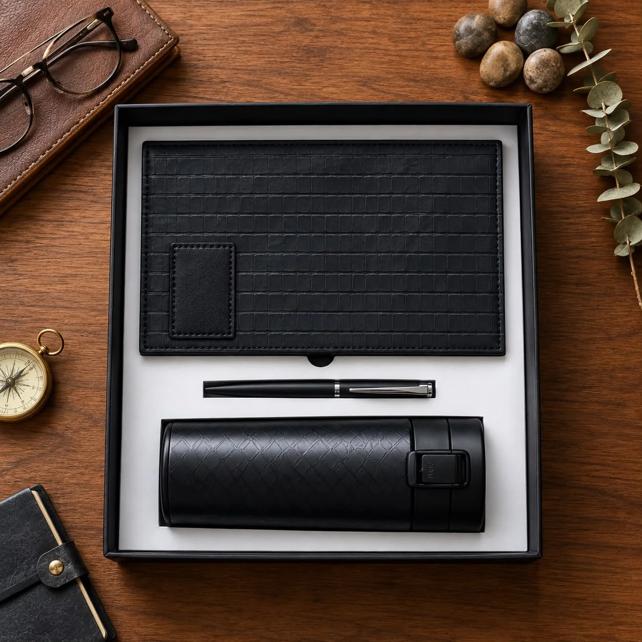 Black Executive Gift Set Black executive corporate gift set with organizer, metal pen and travel flask
