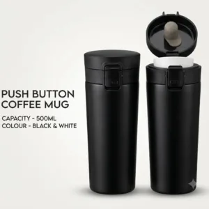 Black 500ml push button coffee mug with flip-top lid, available for custom printing