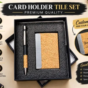 Cork card holder and pen gift set in black gift box, customizable with name or logo