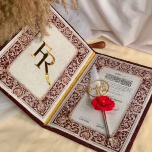 Customized luxury burgundy Nikah book and marriage certificate holder with gold acrylic initials by MJA Print N Gift
