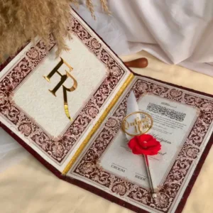 Customized luxury burgundy Nikah book and marriage certificate holder with gold acrylic initials by MJA Print N Gift