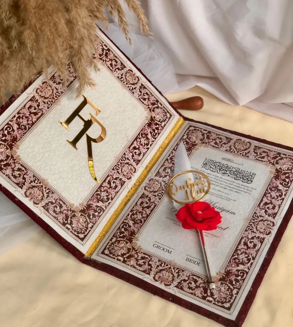 Customized Luxury Nikah Book & Certificate Holder Customized luxury burgundy Nikah book and marriage certificate holder with gold acrylic initials by MJA Print N Gift