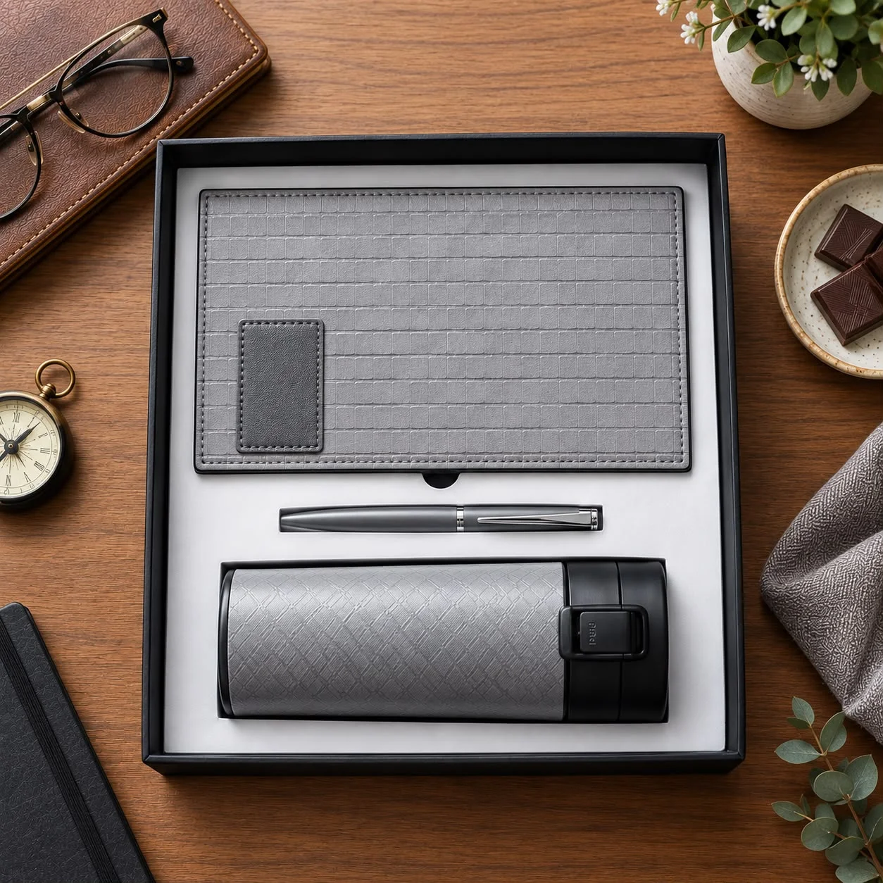 Grey Corporate Gift Set Grey corporate gift set with textured organizer, pen and flask in black box