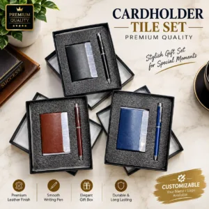 Customized cardholder and pen gift set in black, brown and blue with premium gift box
