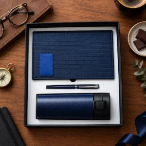 Corporate Gift Set with Diary, Pen & Flask 3 Navy blue corporate gift set with PU leather organizer, pen and flask