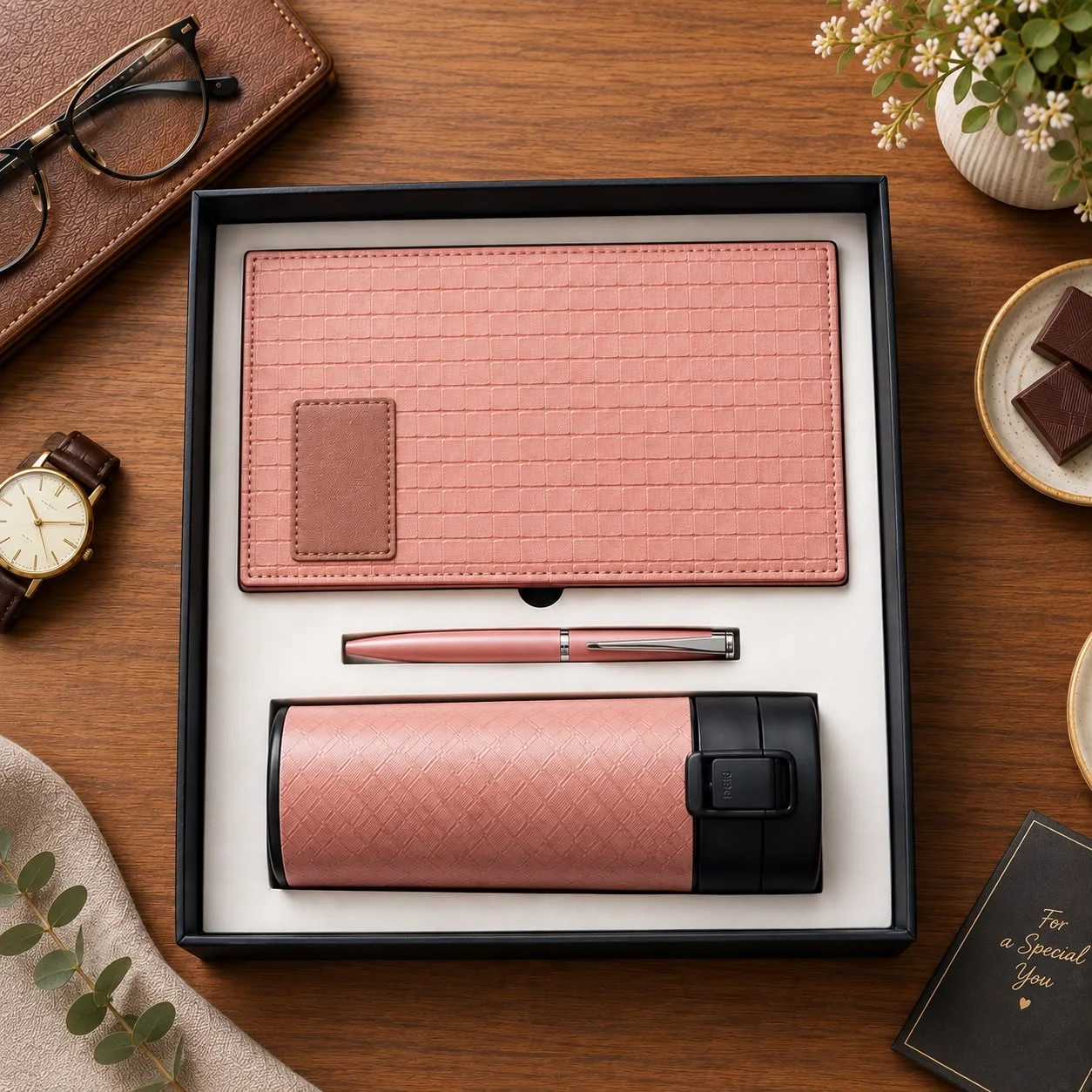 Rose Pink Corporate Gift Set Rose pink corporate gift set with leather organizer, pen and flask in gift box