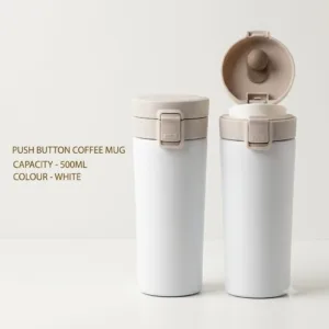 White 500ml push button coffee mug with flip-top lid, available for custom printing